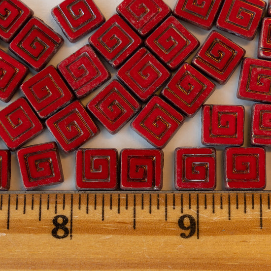 9mm Glass Tile Beads - Opaque Red with Square Spiral - 10