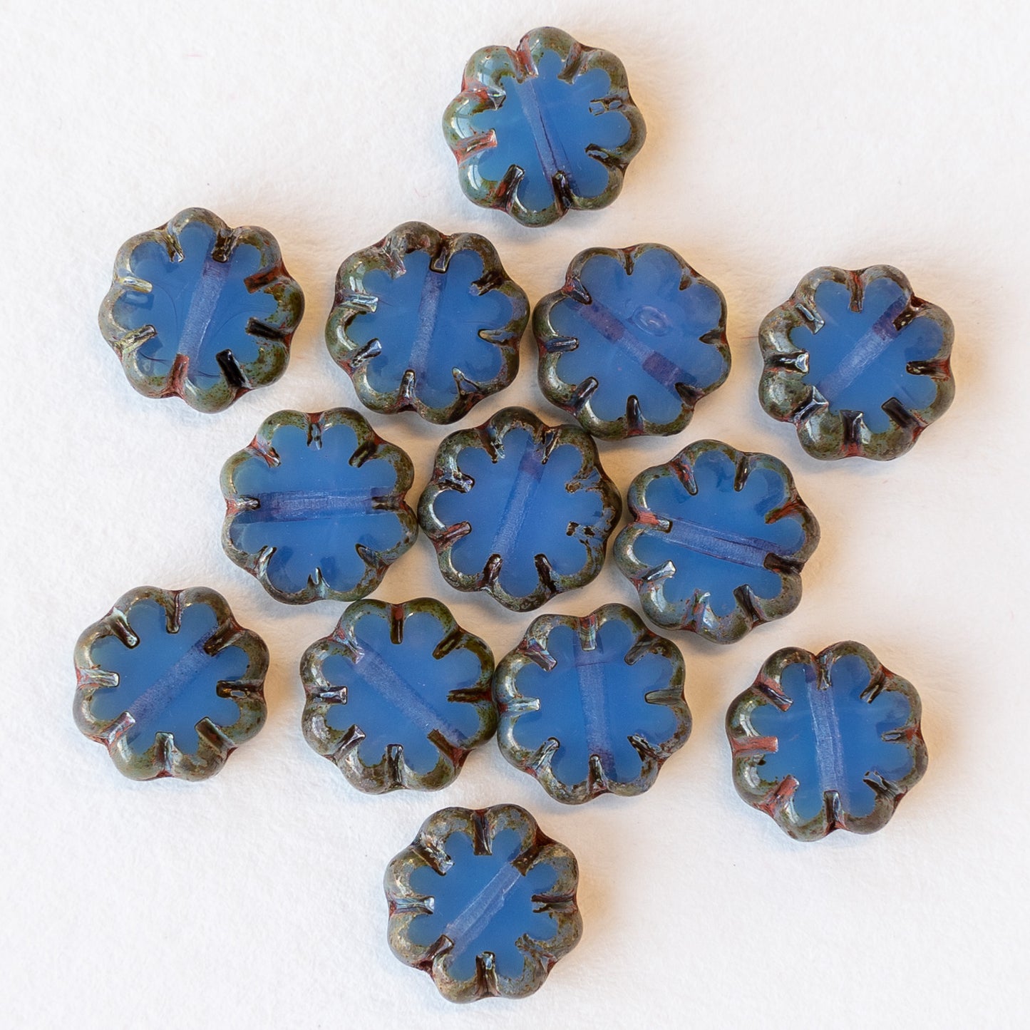 9mm Glass Flower Beads - Cornflower Blue Picasso Beads - 15 Beads