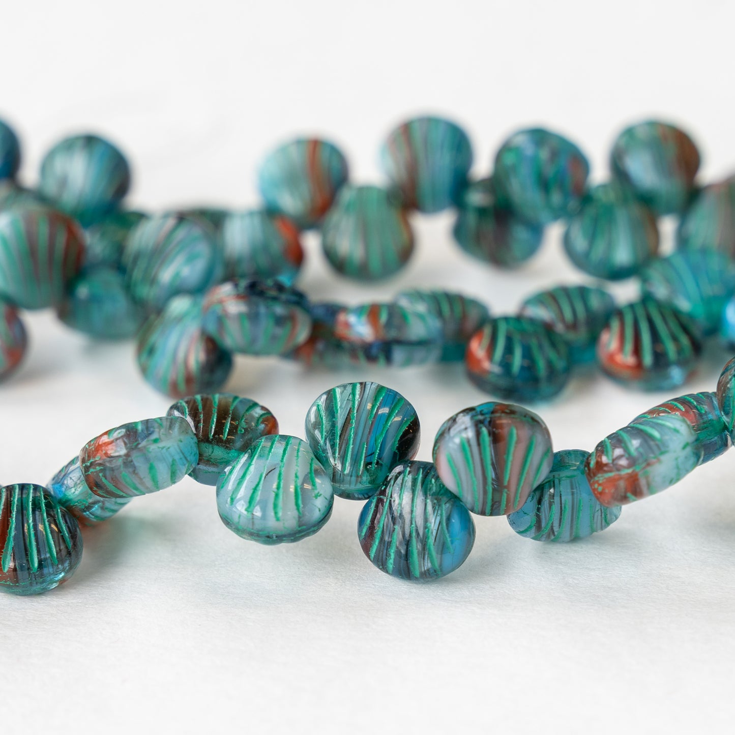 9mm Glass Scallop Beads - Marbled Blue and Amber - 20 Beads