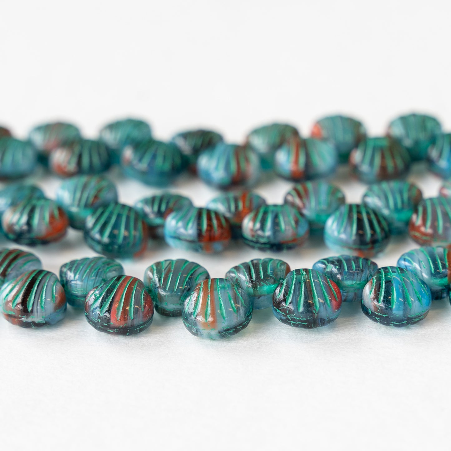 9mm Glass Scallop Beads - Marbled Blue and Amber - 20 Beads