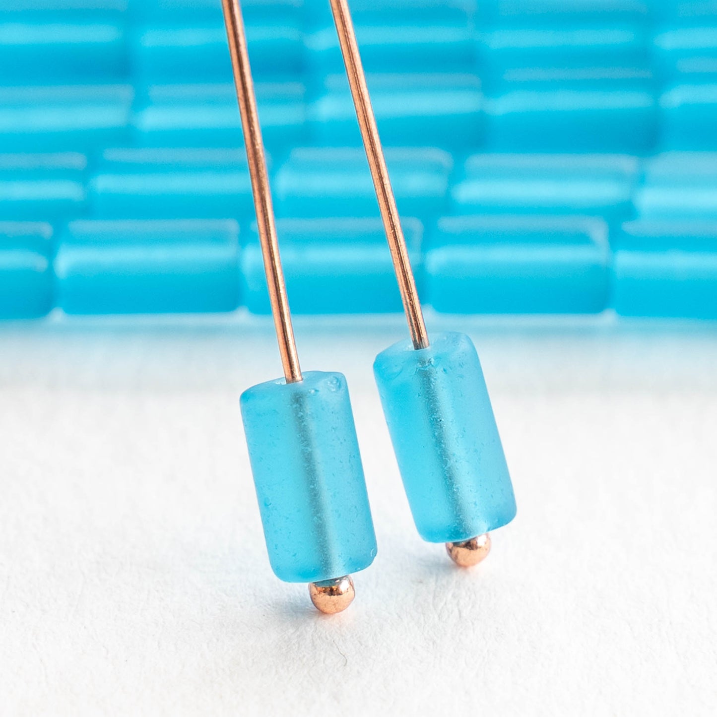 9x4mm Frosted Glass Tube Beads - Aqua - 48 Beads
