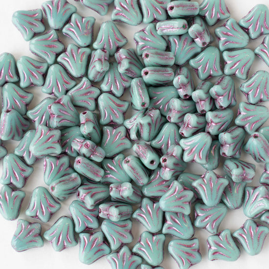 9mm Glass Lily Beads - Turquoise with Metallic Pink Wash - 20 Beads