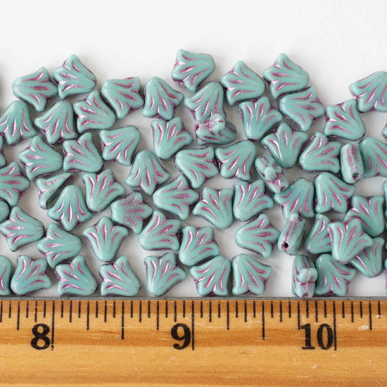 9mm Glass Lily Beads - Turquoise with Metallic Pink Wash - 20 Beads
