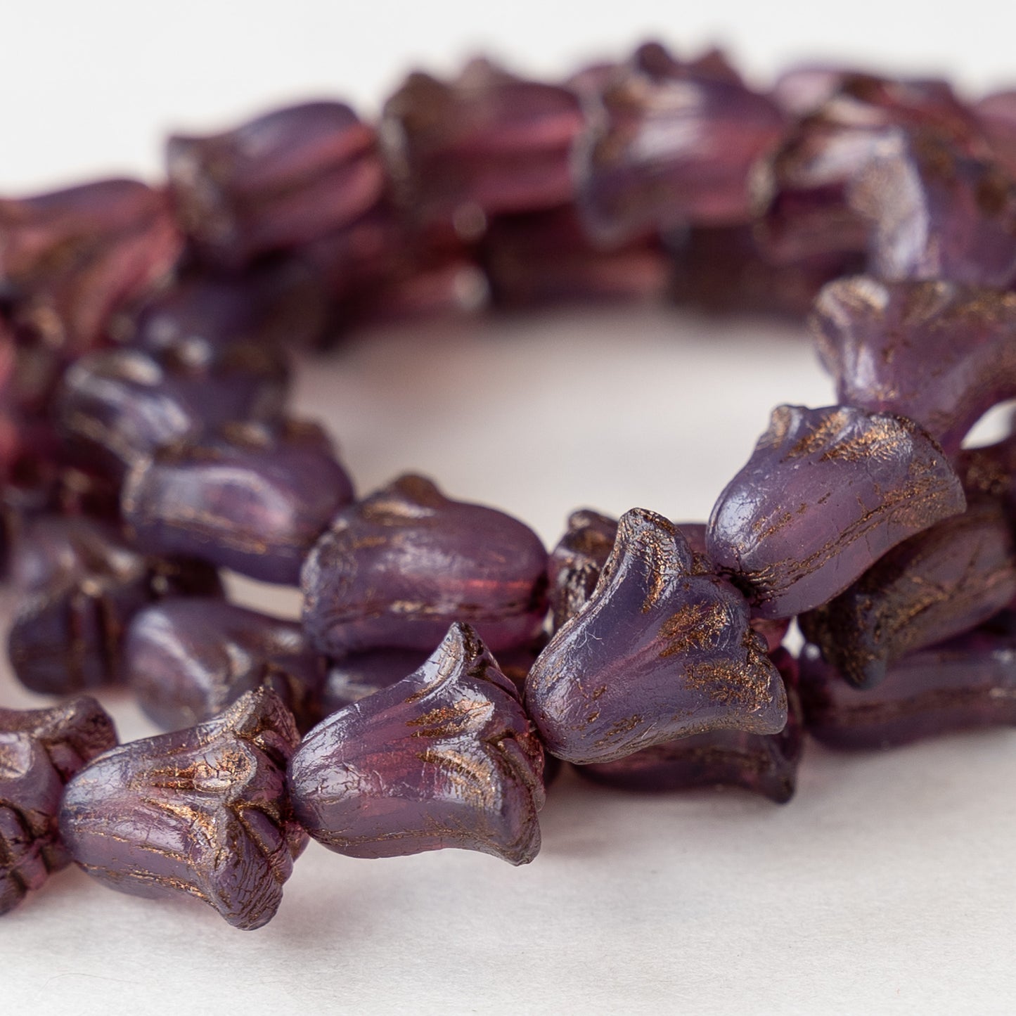 9x10mm Lily / Tulip Flower Beads - Purple Opaline with Dark Brown Wash - 15 Beads