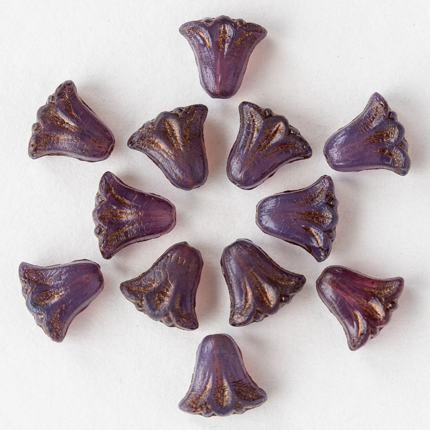 9x10mm Lily / Tulip Flower Beads - Purple Opaline with Dark Brown Wash - 15 Beads