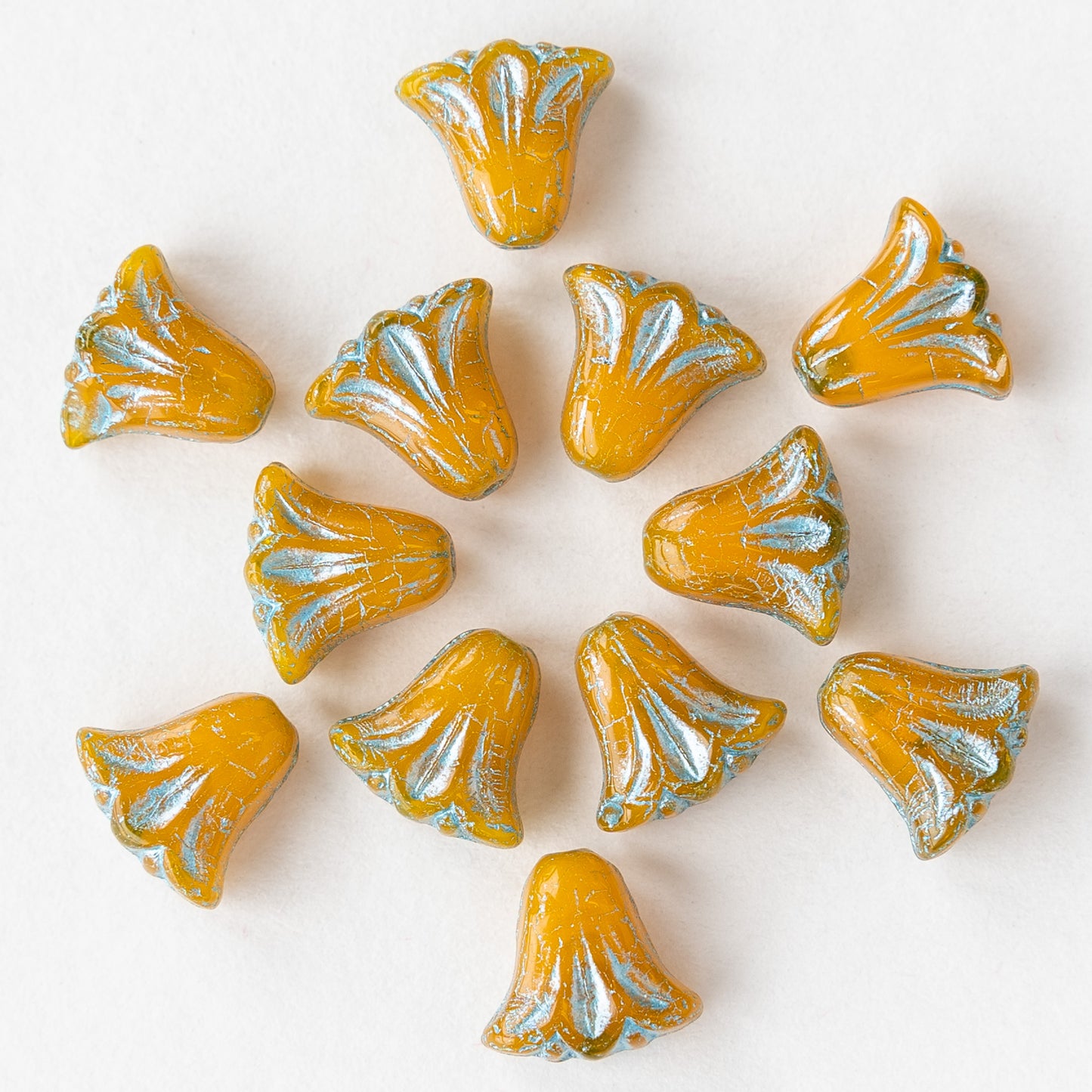 Load image into Gallery viewer, 9x10mm Lily / Tulip Flower Beads - Orange Opaline with Turquoise Wash - 15 Beads
