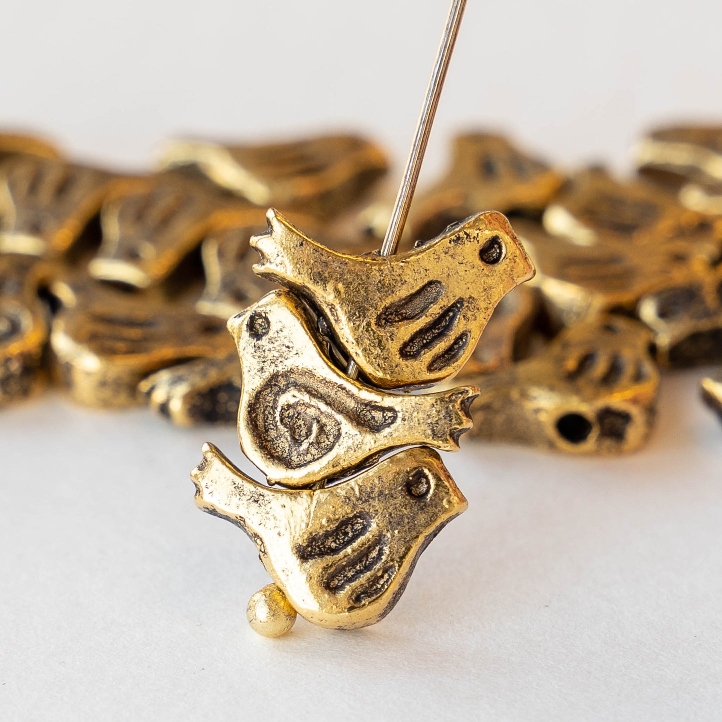 12mm Little Birdie Bead - Antiqued Gold - 4 Birds