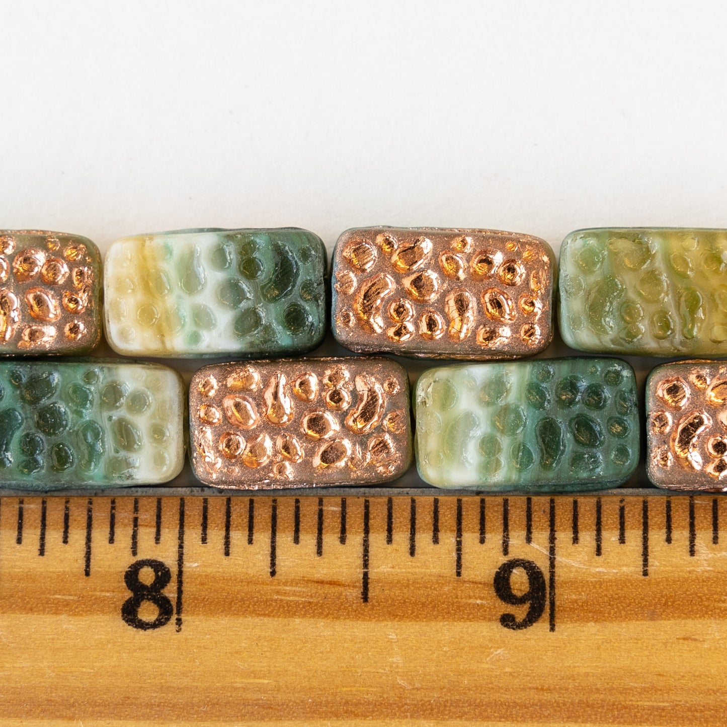 16mm Rectangle - Green Mix with Copper- 10 Beads