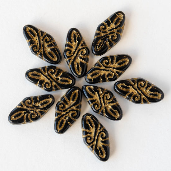 9x19mm Arabesque Beads - Black with Gold Wash - 10 or 30