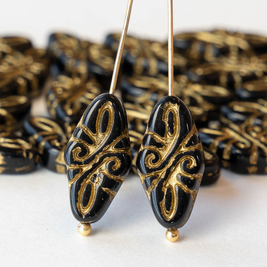 9x19mm Arabesque Beads - Black with Gold Wash - 10 or 30