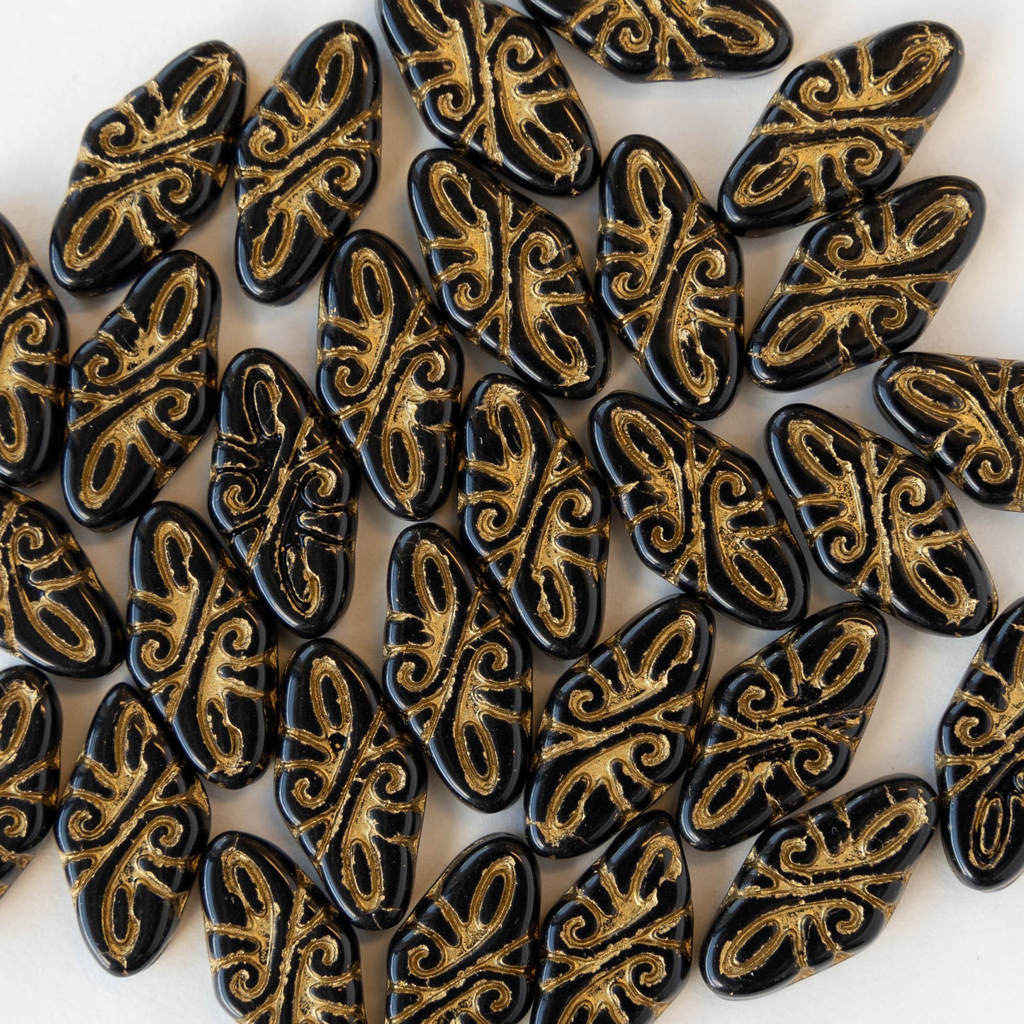 9x19mm Arabesque Beads - Black with Gold Wash - 10 or 30