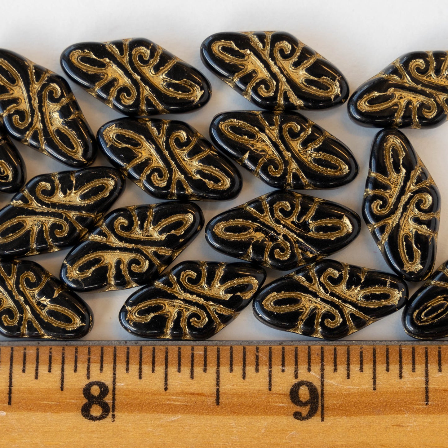 9x19mm Arabesque Beads - Black with Gold Wash - 10 or 30