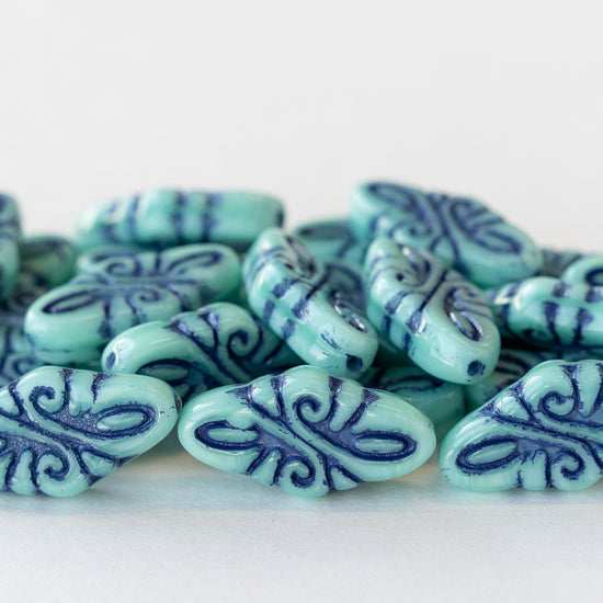 9x19mm Arabesque Beads - Blue on Blue - 10 or 30
