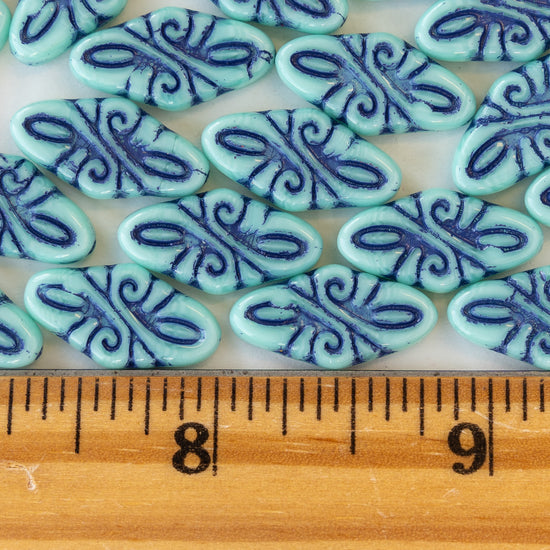 9x19mm Arabesque Beads - Blue on Blue - 10 or 30