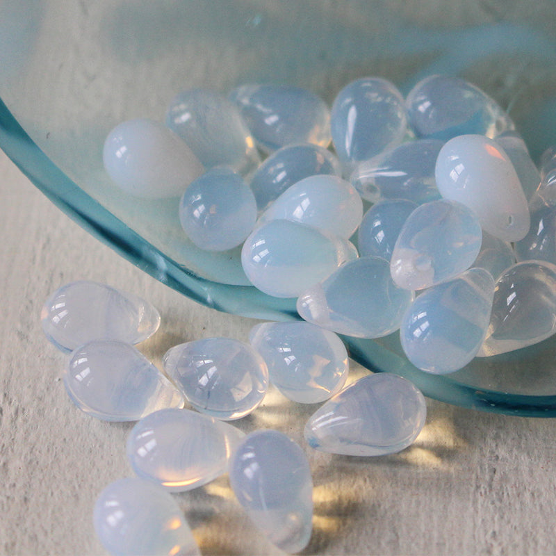 6x9mm Glass Teardrop Beads - Opaline Moonstone - 50 Beads