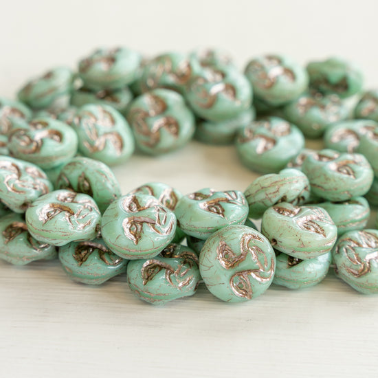 13mm Moon Face Beads - Turquoise with Bronze - 15 Beads