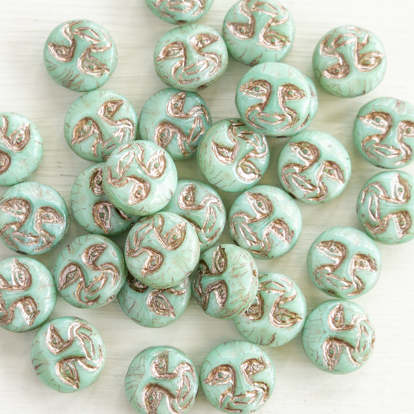 13mm Moon Face Beads - Turquoise with Bronze - 15 Beads