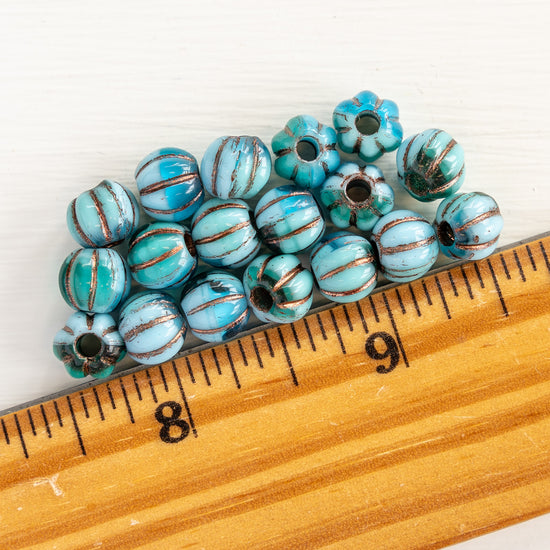 8mm Melon Beads - Green Blue Mix with Bronze Wash - 20 Beads