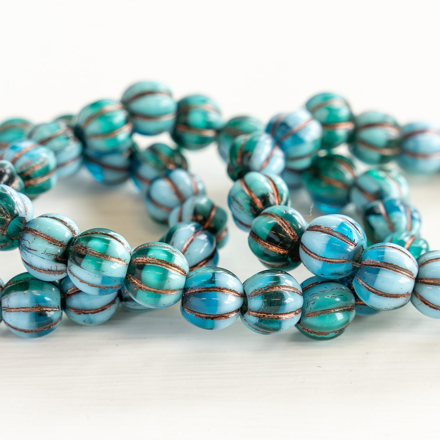 8mm Melon Beads - Green Blue Mix with Bronze Wash - 20 Beads