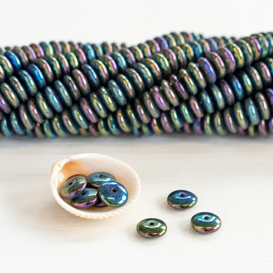 7mm Rondelle Beads - Metallic Green Iris - Choose Amount