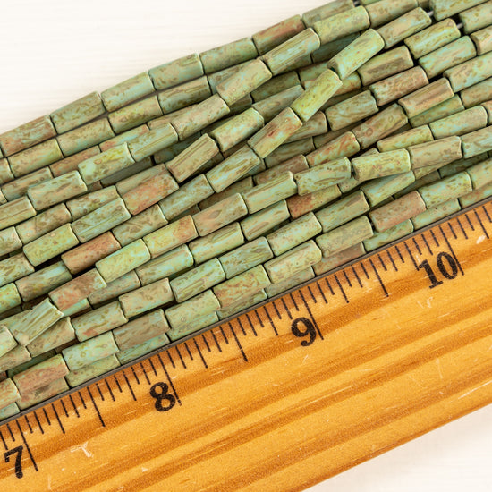 Load image into Gallery viewer, 9x4mm Glass Tube Beads - Matte Green Turquoise Picasso - 20 or 60 Inches
