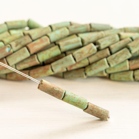 Load image into Gallery viewer, 9x4mm Glass Tube Beads - Matte Green Turquoise Picasso - 20 or 60 Inches
