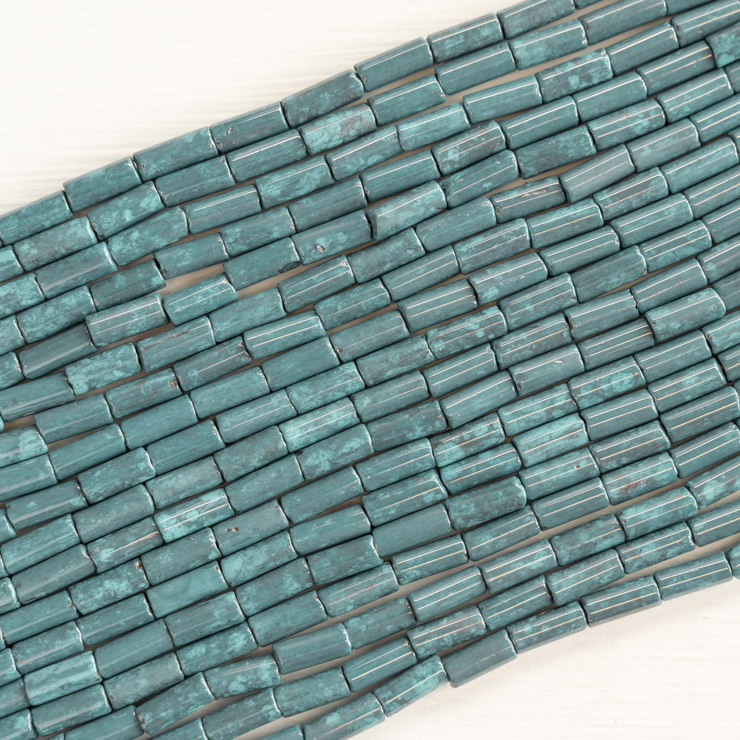 9x4mm Glass Tube Beads - Mottled Teal - 20 or 60 Inches