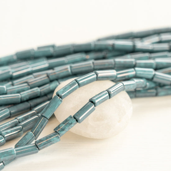 9x4mm Glass Tube Beads - Mottled Teal - 20 or 60 Inches