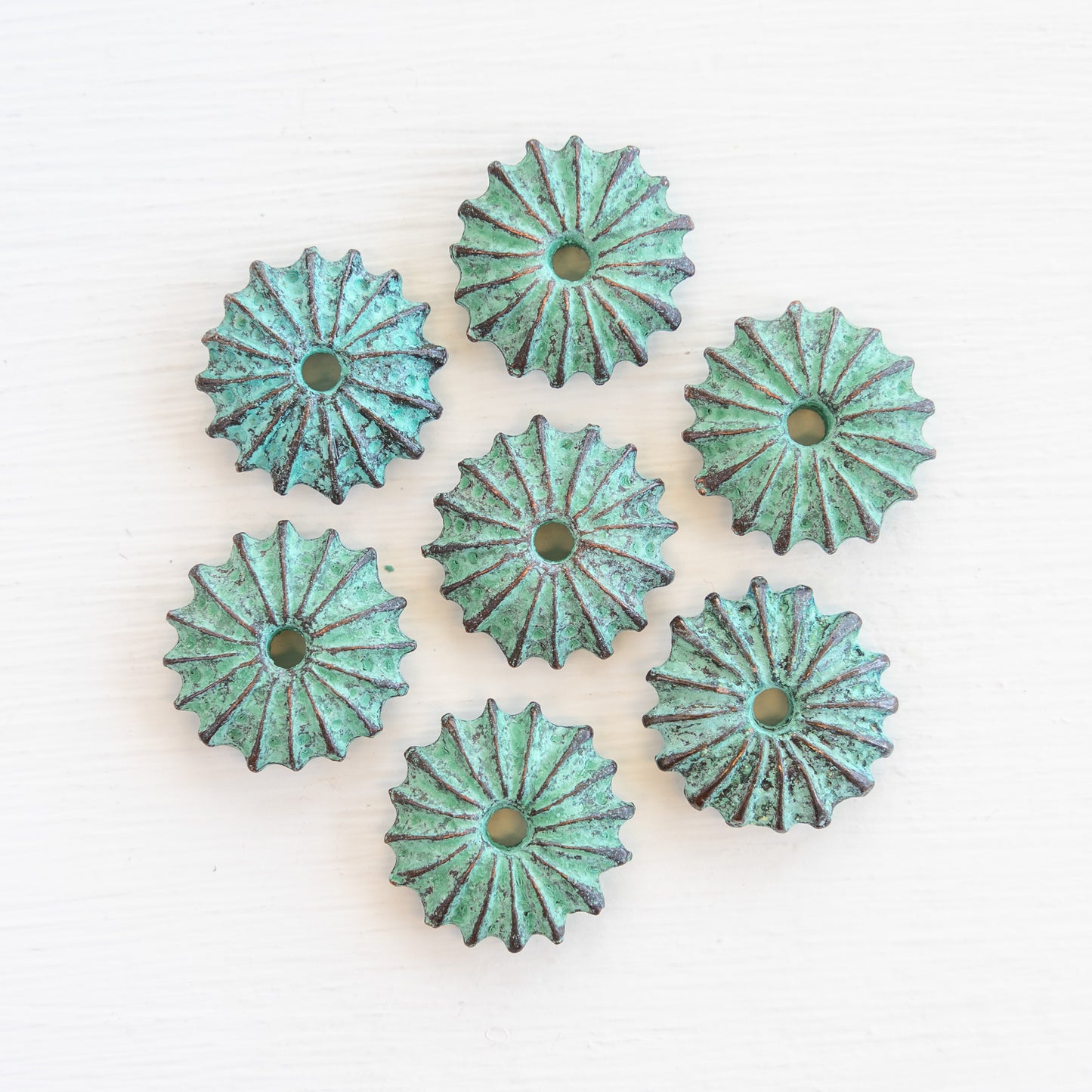 19mm Mykonos Metal Flat Sea Urchin Beads - Green Patina - Choose Amount