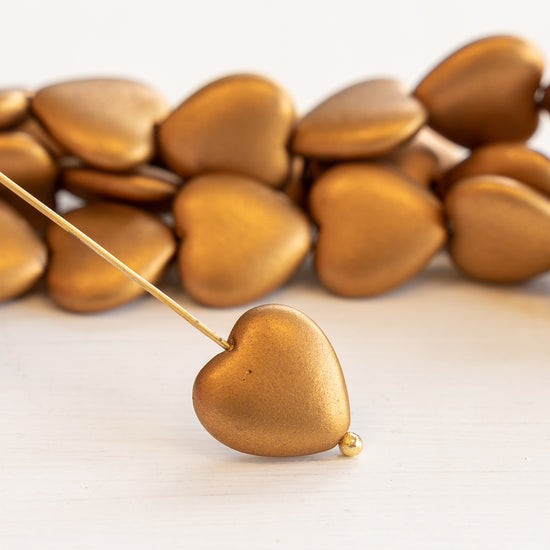 15mm Glass Heart Beads - Matte Gold - 10 Beads