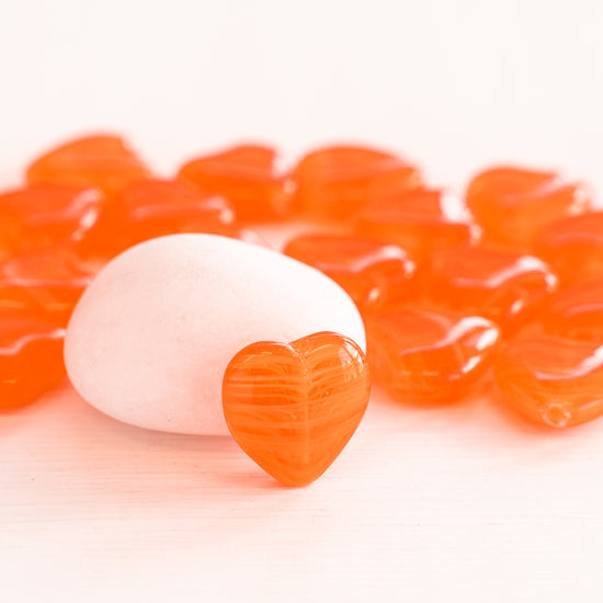 Load image into Gallery viewer, 15mm Glass Heart Beads - Orange Striped - 10 Beads
