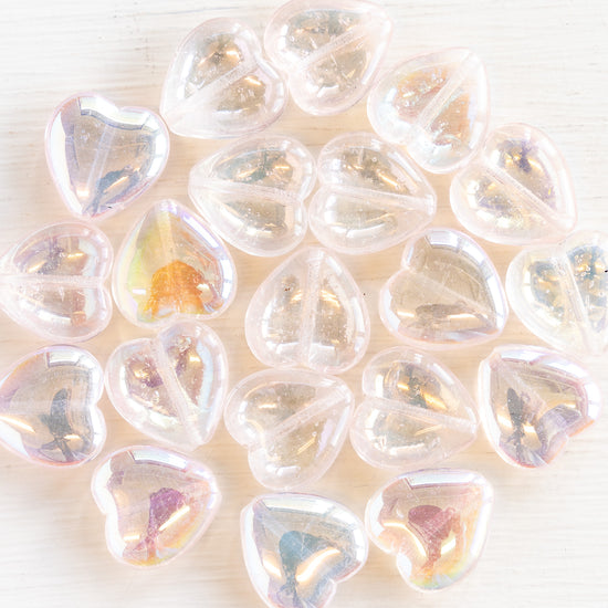 15mm Glass Heart Beads - Pale Pink AB - 10 Beads