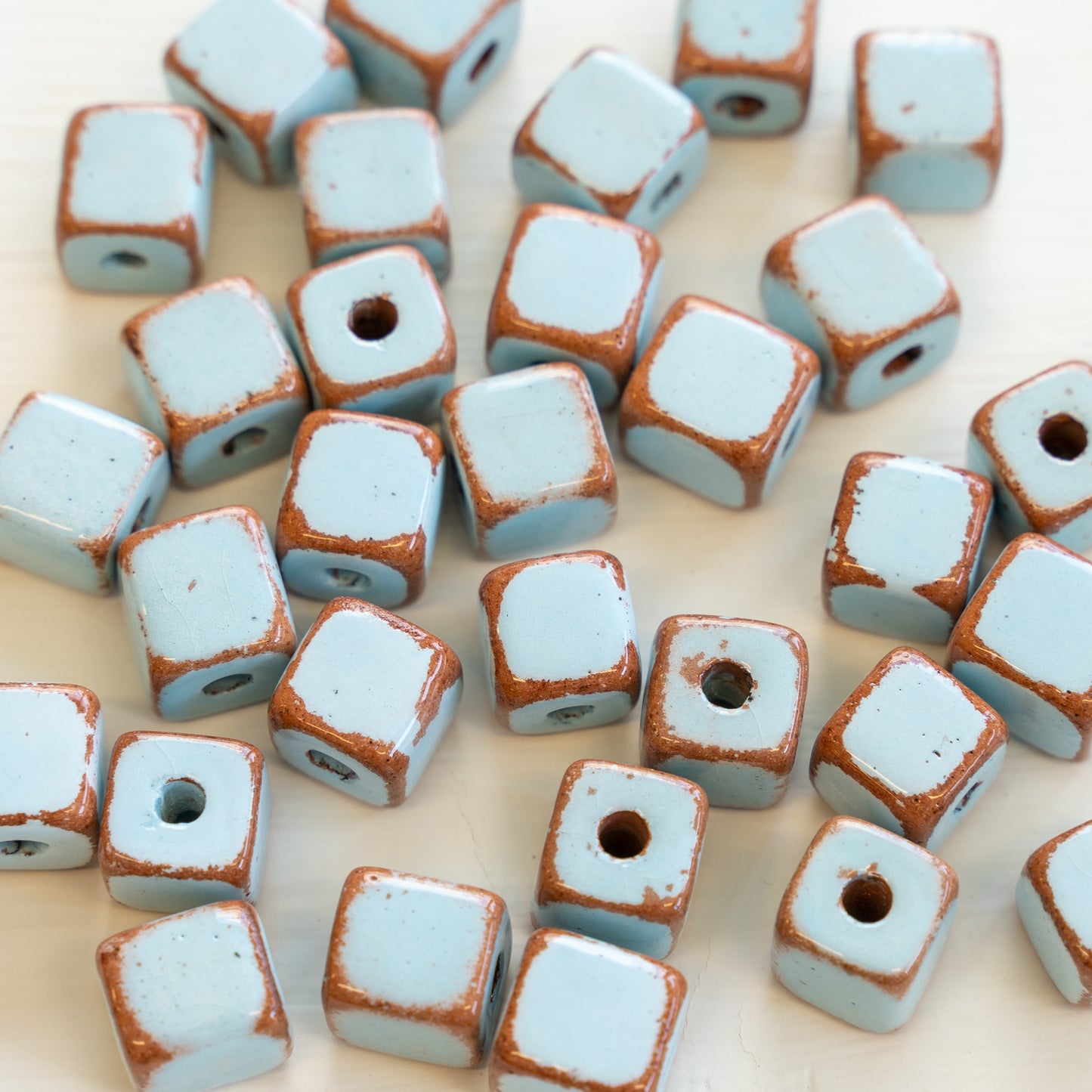 9mm Shiny Glazed Ceramic Cube Beads - Baby Blue
