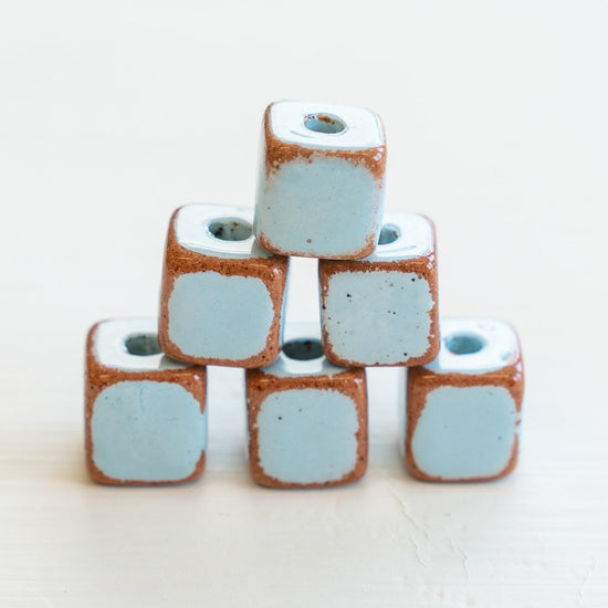 9mm Shiny Glazed Ceramic Cube Beads - Baby Blue