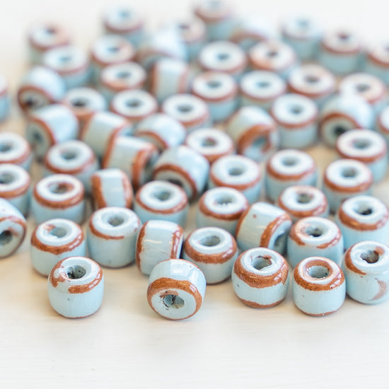 6x8mm Short Shiny Glazed Ceramic Tube Beads - Baby Blue