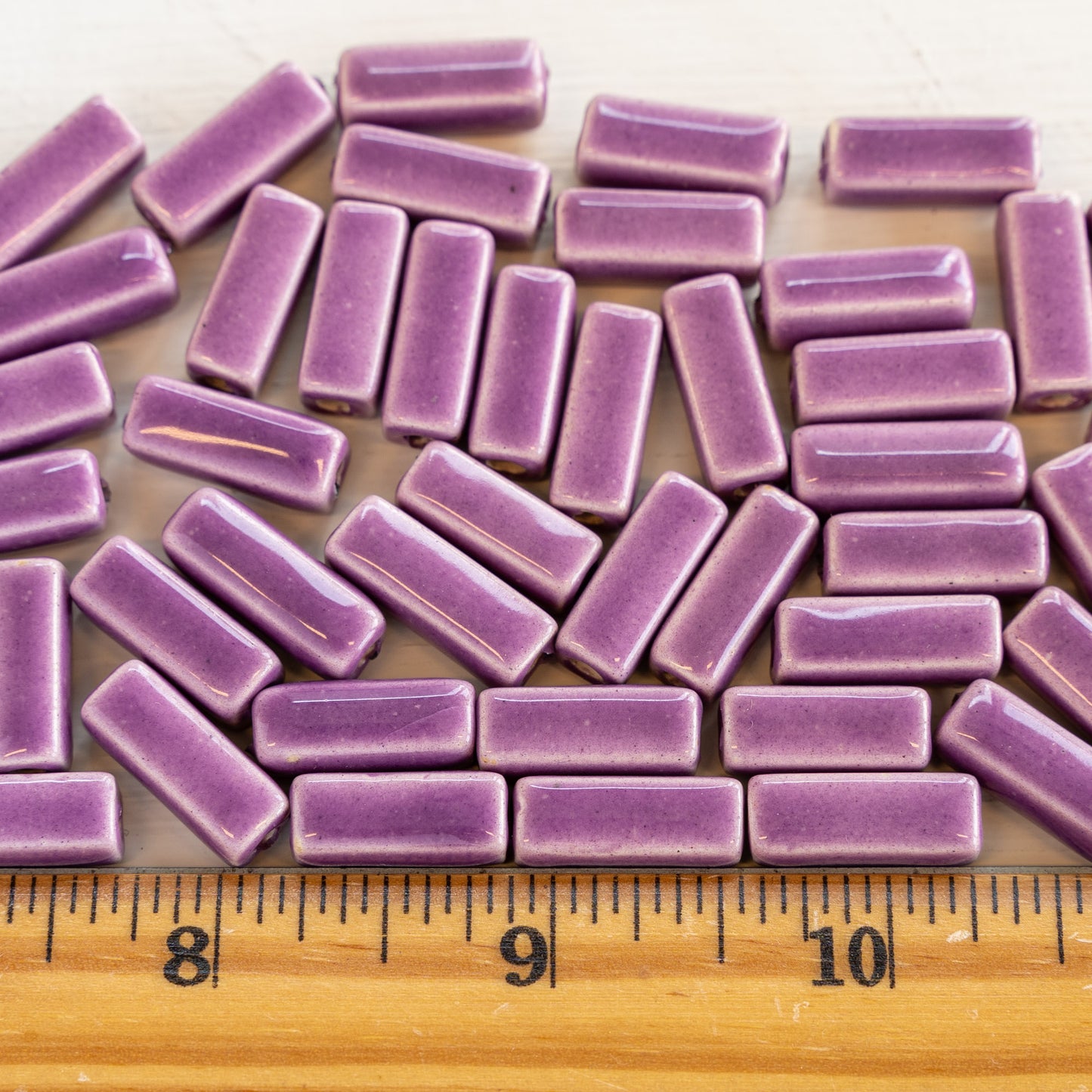 18mm Shiny Glazed Ceramic Rectangle Tube Beads - Lilac Purple