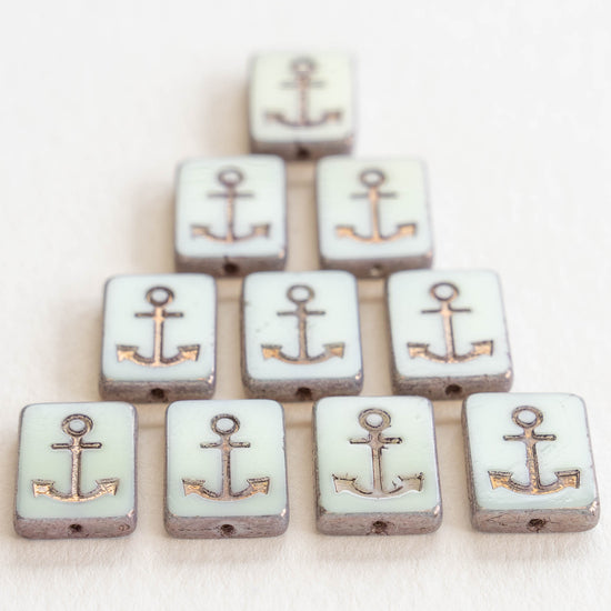 15x12mm Glass Anchor Beads - Light Mint with Bronze Wash