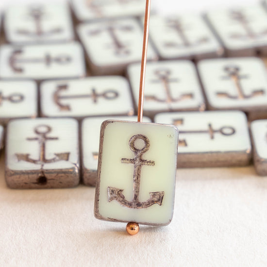 15x12mm Glass Anchor Beads - Light Mint with Bronze Wash