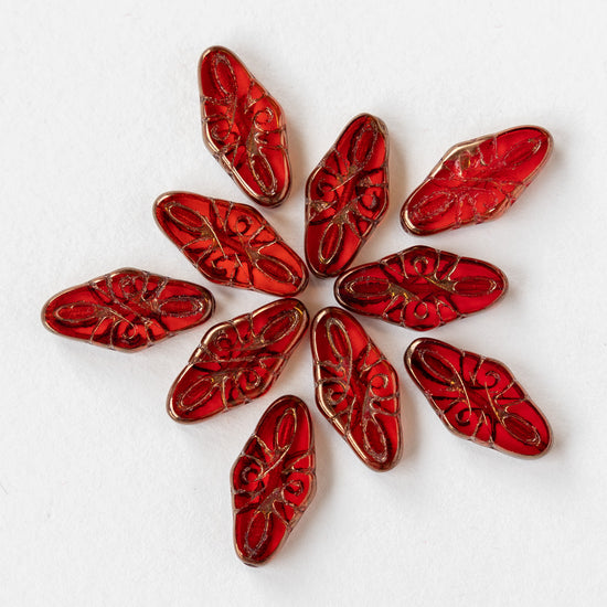 Load image into Gallery viewer, 9x19mm Arabesque Beads - Red with Bronze Wash - 10 or 30
