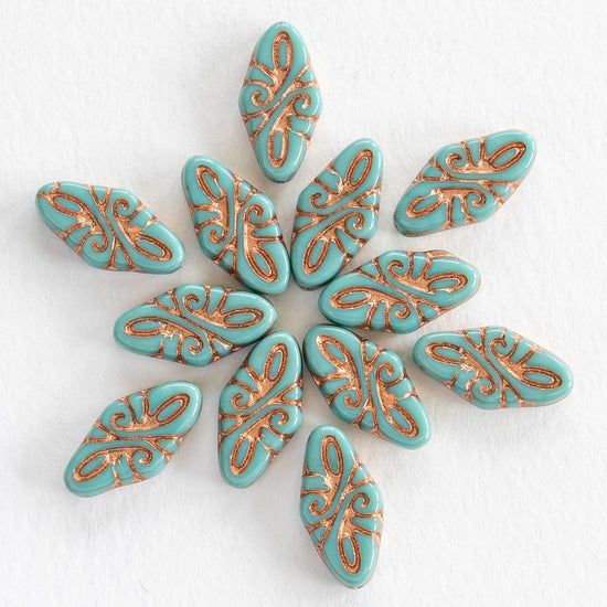 9x19mm Arabesque Beads - Turquoise with Bronze Wash