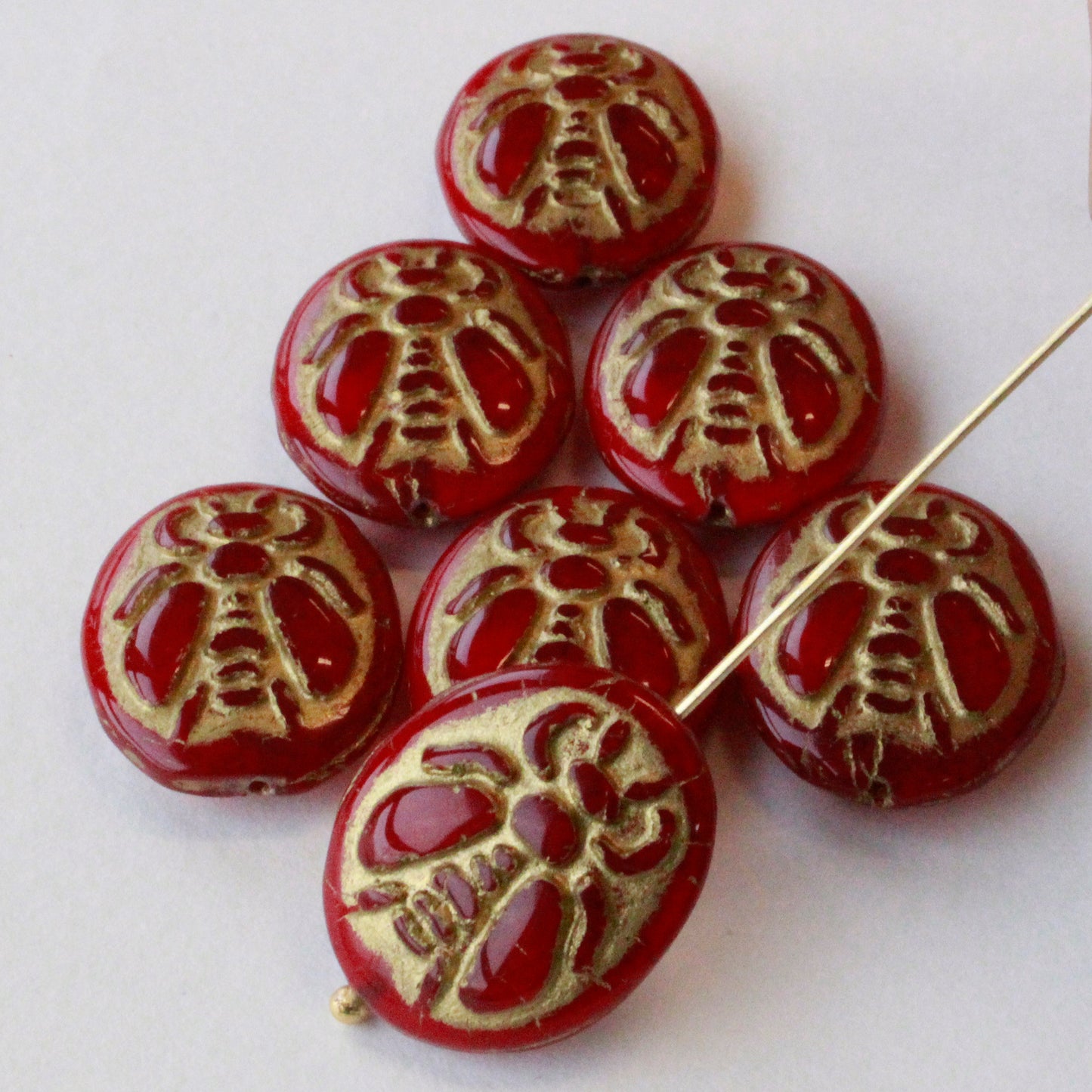 18x21mm Glass Honey Bee Beads - Red Gold-  2 Beads