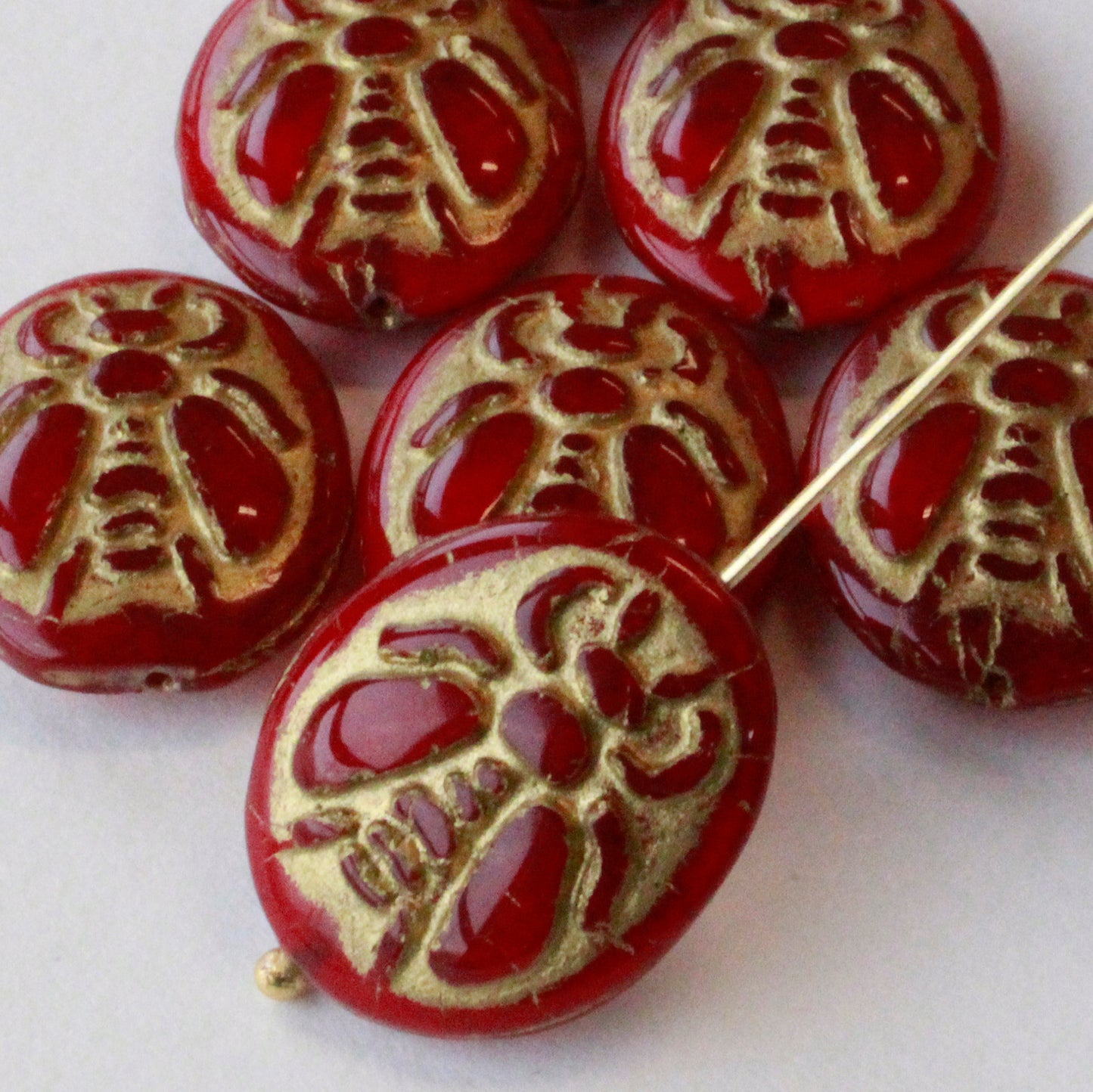 18x21mm Glass Honey Bee Beads - Red Gold-  2 Beads