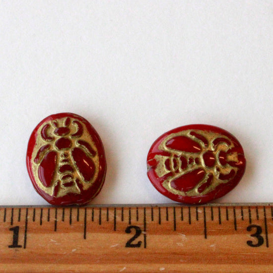 18x21mm Glass Honey Bee Beads - Red Gold-  2 Beads