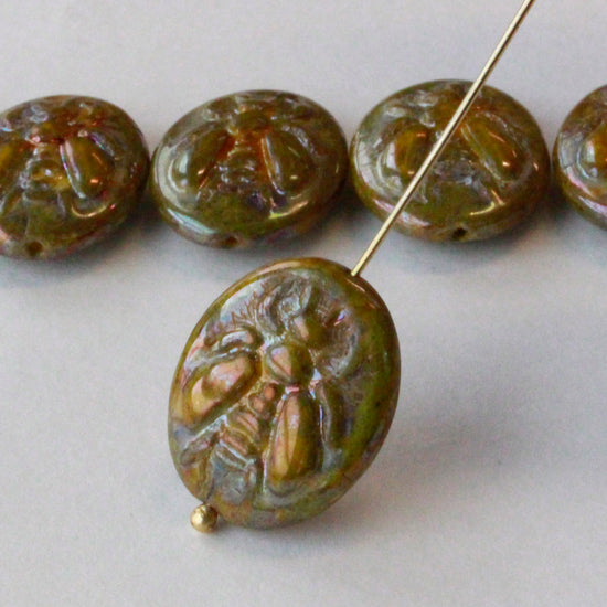 18x21mm Glass Honey Bee Beads - Yellowy Sage -  2 Beads