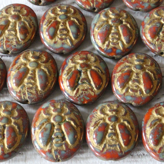 18x21mm Honey Bee Beads - Red Picasso With Gold Wash - 2 Beads