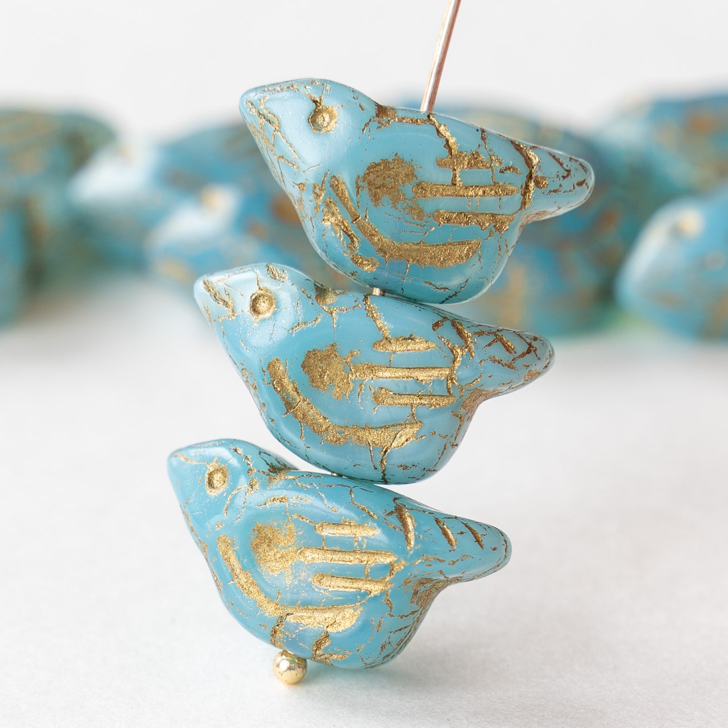 Bird Beads -  Opaline Aqua Blue with Gold - 2 or 6 Birds