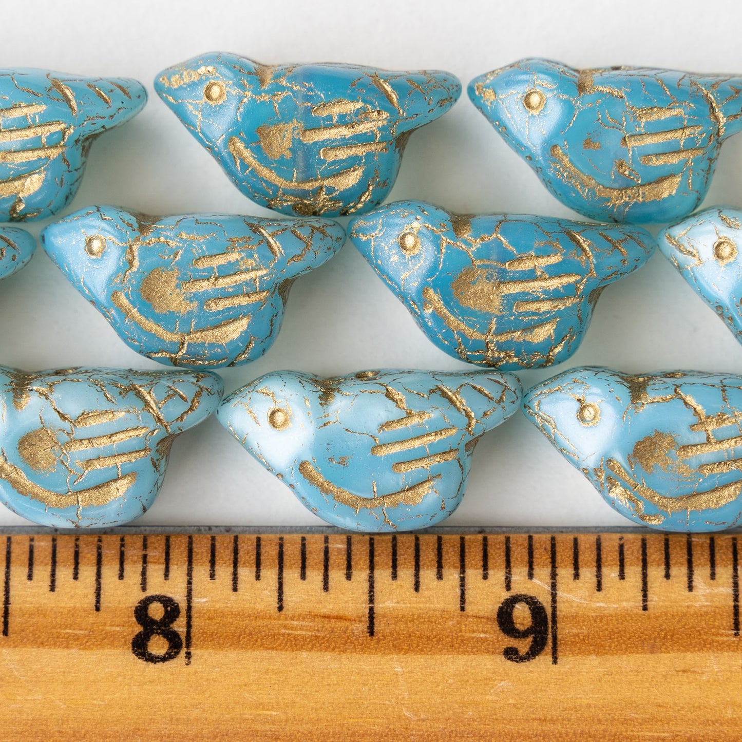 Bird Beads -  Opaline Aqua Blue with Gold - 2 or 6 Birds