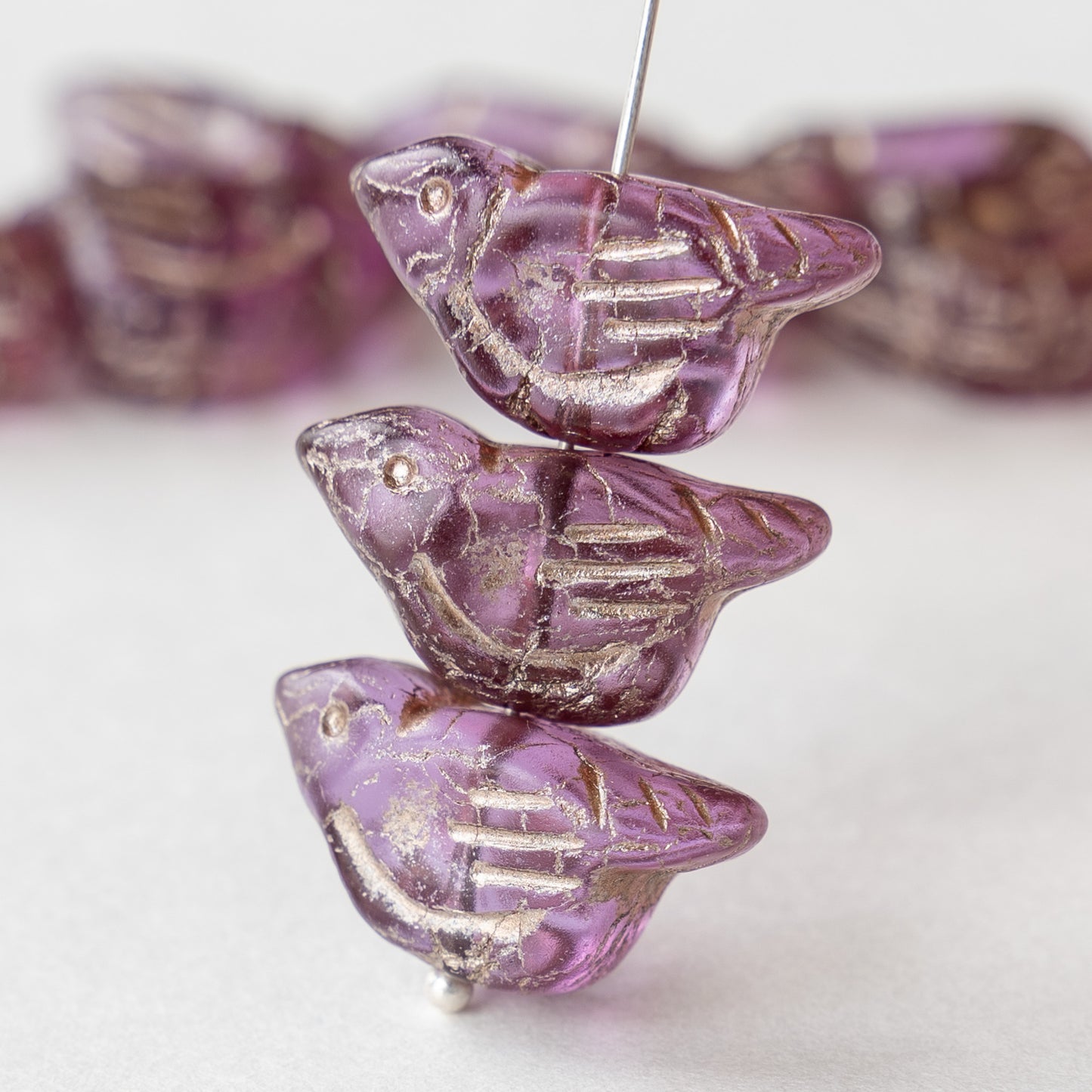 Bird Beads -  Purple with Silver - 2 or 6 Birds