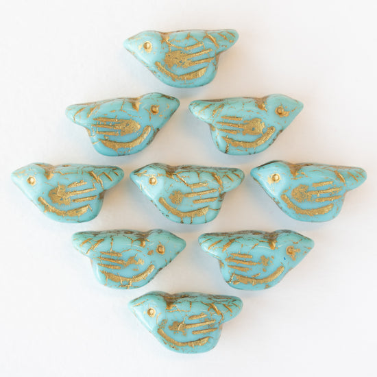 Bird Beads -  Turquoise with Gold - 2 or 6 Birds