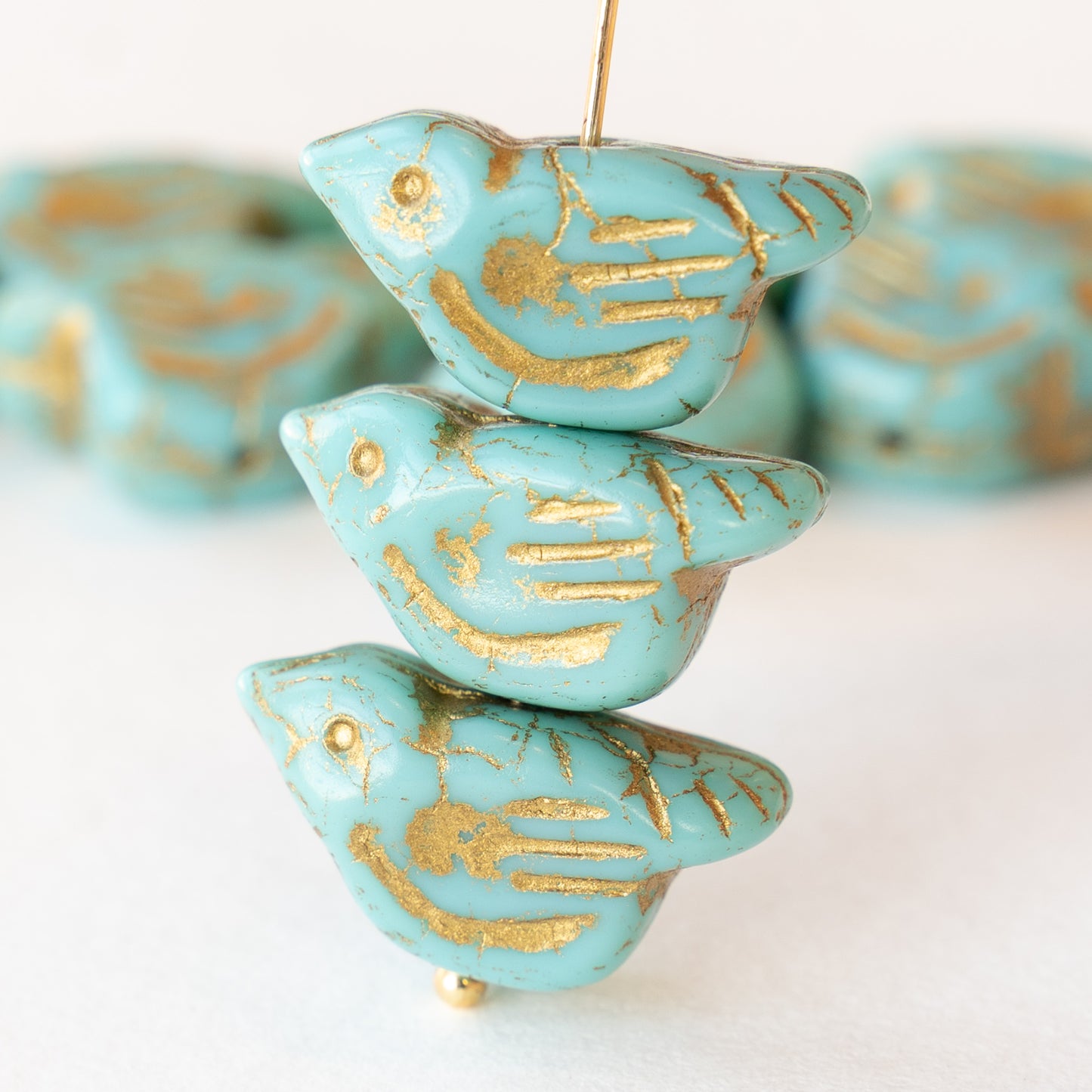 Load image into Gallery viewer, Bird Beads -  Turquoise with Gold - 2 or 6 Birds
